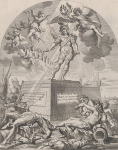 Plåt 1: Ferdinand som Mars, stående på en piedestal, från William Becanus 
