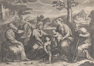 Den heliga familjen till höger, med spädbarnet Johannes döparen, Elizabeth, Zacharias,..., 1631-37.
