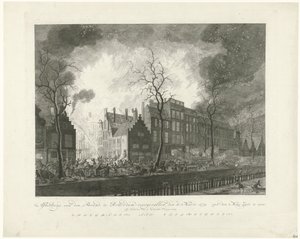 Brand i Pottery Alley i Rotterdam, 1779 Bild, van den Brand, inträffade i Rotterdam, den 11:e. Mars 1779. van den Maas Silk på display (titel på objekt)