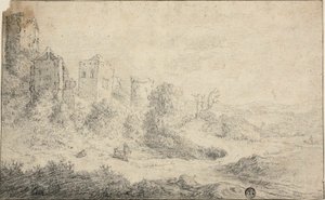 Landskap med förstörda slott och tre figurer
