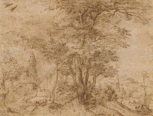 En by med en grupp träd och en mula, ca 1552-54 av Pieter Bruegel the Elder