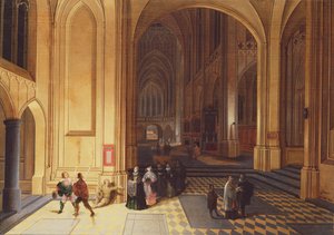 Interiör av en katedral med en tiggare och andra figurer