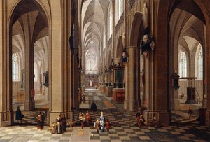 Interiören av en gotisk katedral med stadsbor och pigrimer, 1647