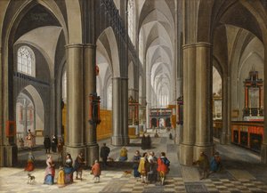 Interiör av en katedral med figurer