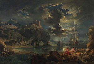 Ett månbelyst kustlandskap från Medelhavet, ca 1700-01 (olja på duk)