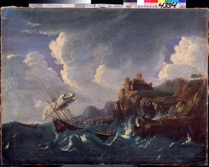 Stormigt hav. Stormigt hav. Målning av Pieter Mulier II den yngre (eller Pietro Mulieribus eller Pietro Cavaliere Tempesta) (1637-1701). Holländsk konst, barockstil. Olja på duk. Statens museum för historia och konst, Serpukhov (Serpukhov).