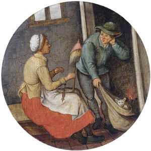 Ett ordspråk - Att släppa ut katten ur påsen, av Pieter Brueghel the Younger