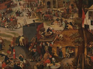 En byfestival, med en teaterföreställning och en procession för att hedra St Hubert och St Anthony av Pieter Brueghel the Younger
