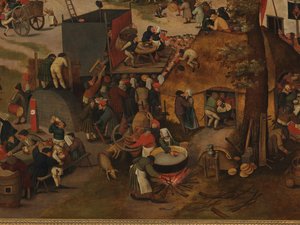 En byfestival, med en teaterföreställning och en procession för att hedra St Hubert och St Anthony av Pieter Brueghel the Younger