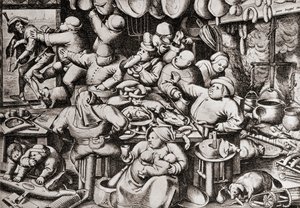 Tiggare kastas ut ur en rik mans kök, på 1500-talet (gravyr) av Pieter the Younger Brueghel