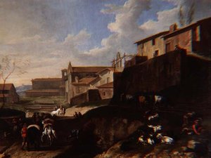 Capriccio-vy med kyrkor, stugor och resenärer (olja)