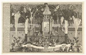 Fyrverkerier för att hedra freden i Utrecht, 1713 Nederländska fredsfyrverkerier som sattes upp av Noble Groot Mogende Heeren Staaten i Holland och Västra Friesland, satte igång i vyver till Haag (...) (titel på objektet) av Pieter van Buysen jr.