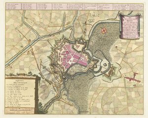 Karta van het beleg van Menen, 1706 Plan för staden Menin med attackerna (...) av de allierades trupper (...). (titel på objekt) av Pieter van Call (II)