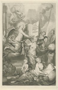 Berömmelse, evighet och skrivkonst Titelsida för Louis Moréri, Le grand dictionaire historique, 1731 av Pieter van Gunst