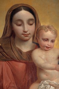 Inifrån, målning "Vår Fru med barn med rosenkrans", altartavla på huvudaltaret av P. Van Hanselaere av Pieter van Hanselaere