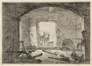 Åsnor framför dörren till ett stall av Pieter van Laer