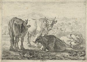 Tyska: Drei Rinder und ein schlafender Hirte
Franska: Les boeufs
Tre nötkreatur och en sovande herde