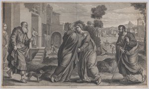 Visitation, Saint Elizabeth omfamnar Jungfrun i centrum när Saint Joseph går till..., ca. 1656-60 av Pieter van Lisebetten