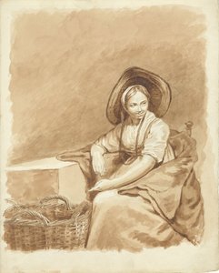 Sittande tjej med en stor hatt och en korg