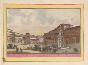 Fontän på torget Saint Dominic i Madrid Fontänen, vid Place of S. Dominicus; i Madrid (titel på objekt) Theatrum Hispaniae (...) (serietitel) av Pieter van den Berge