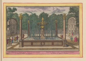 Fontän av taggextraktor i trädgårdarna i det kungliga palatset i Aranjuez Fontänen av Harpyen och Toonpluysertjen i Aranjues (titel på objektet) Theatrum Hispaniae (...) (serietitel) av Pieter van den Berge