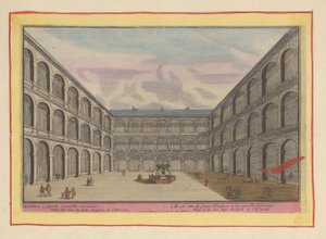 Utsikt över gården till ett av klostren i Escorial Ett av de sju klostren i den rapporterade Escurial (titel på objekt) Theatrum Hispaniae (...) (serietitel) av Pieter van den Berge