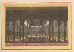 Utsikt över lejongården i Alhambra i Granada Lejongården, vid Granade; ett verk av de moriska kungarna, i slottet Alhambre; lägger där två marmortråg på thien lejon (titel på objekt) Theatrum Hispaniae (...) (serietitel) av Pieter van den Berge