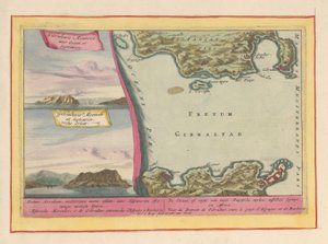 Utsikt över Gibraltarklippan och en karta över Gibraltarsundet Sundet, eller sundet av två Duytsche mylen, mellan Spanien och Afrika (...) (titel på objektet) Theatrum Hispaniae (...) (serietitel)