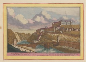 Utsikt över Alcazar de Toledo Det kungliga palatset i Toledo; vid bron för att ses, liggande över Tajo (titel på objekt) Theatrum Hispaniae (...) (serietitel) av Pieter van den Berge