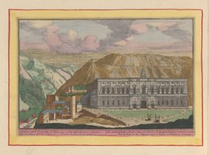 Utsikt över Charles V-palatset i Granada Det afrikanska slottet Alhambre, inom Granade; förnyat av de spanska kungarna; van vooren (titel på objekt) Theatrum Hispaniae (...) (serietitel) av Pieter van den Berge