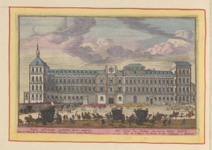 Framifrån av det kungliga palatset i Madrid Kungspalatset, framifrån, inuti Madrid (titel på objektet) Theatrum Hispaniae (...) (serietitel) av Pieter van den Berge