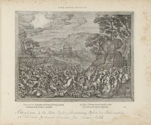 Abraham bevrijdt Lot Hjälp av ett gott sinne (titel på objekt) The Sacred Emblems and the Main History of Both Testaments (Oude Testament) (serietitel) Bilder och figurer av böcker (serietitel) av Pieter van der Borcht (I)