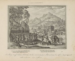 Abraham en de koning van Sodom Var denna järnvägg (titel på objekt) The Sacred Emblems and the Main History of Both Testaments (Oude Testament) (serietitel) Bilder och figurer av böcker (serietitel) av Pieter van der Borcht (I)