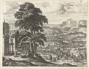 Abraham matar de tre änglarna Landskap med berättelsen om Abraham (serietitel) av Pieter van der Borcht (I)