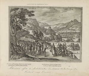 Abraham träffade Melkisedek förening av fredliga sinnen (titel på objekt) The Sacred Emblems and the Main History of Both Testaments (Oude Testament) (serietitel) Bilder och figurer av böcker (serietitel) av Pieter van der Borcht (I)