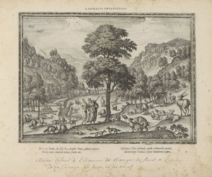 Gud visade Adam het paradijs Liberalt förbud (titel på föremål) The Sacred Emblems and the Main History of Both Testaments (Oude Testament) (serietitel) Bilder och figurer av böcker (serietitel) av Pieter van der Borcht (I)