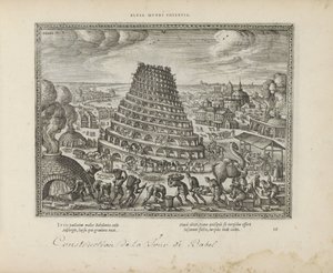 Toren van Babel Elusa mundi potenia (titel på objekt) The Sacred Emblems and the Main History of Both Testaments (Oude Testament) (serietitel) Bilder och figurer av böcker (serietitel) av Pieter van der Borcht (I)