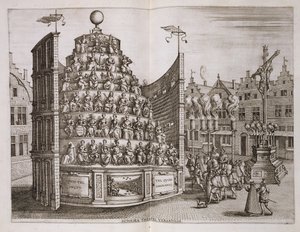 Illustration som visar en rörlig teater, från "Historicas berättelse om avgång och invigning..." av Johannes Bochius, Plantin Press, 1602