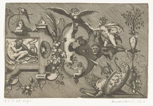 Högra halvan av en stor kartusch föreställande natten Compertimenta pictoriis flosculis manubiisque... (serietitel) av Pieter van der Heyden