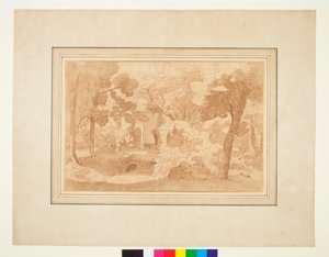 Landskap med en förstörd byggnad sett bland träd (penna och brunt bläck och brunt tvätt) av Pietro Testa