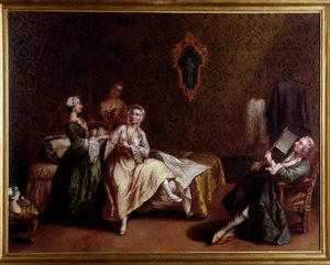 Damens uppvaknande (målning, ca 1740) av Pietro (after) Longhi