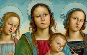 Jungfrun och barnet mellan helgonen Rosa och Katarina (kromolit) av Pietro (after) Perugino