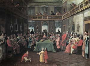 Konsert i ett privat hus - Privat konsert i ett hus. Målning av Pietro Longhis skola av Pietro (school of) Longhi
