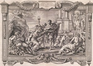 Annibale Carracci introducerar målning till Apollo och Minerva, 1674. av Pietro Aquila