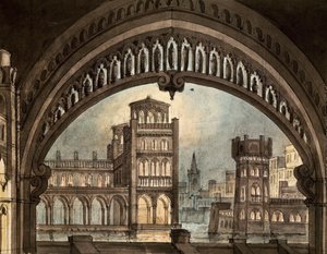 Scenografi för "La Straniera", av Vincenzo Bellini, på Carignano-teatern, Turin (penna & bläck och akvarell på papper) av Pietro Bertoja