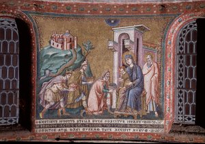 Tillbedjan av den mosaiska magi av Pietro Cavallinis absid (aktiv omkring 1273-1330) slutet av 1200-talet (Tillbedjan av magierna, mosaik från absiden av Pietro Cavallini, slutet av 1200-talet) Rom, kyrkan Santa Maria in Trastevere Italien