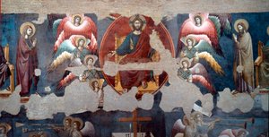 Den sista domen Den trunkande Kristus omger änglar. Detalj. Fresk av Pietro de Cerroni dit Cavallini (aktiv omkring 1273-1321) 1293 Rom, Santa Cecilia in Trastevere