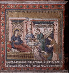 Marias födelse Mosaik från absiden av Pietro Cavallini (aktiv omkring 1273-1330) sent 1200-tal (Marias födelse, mosaik från absiden av Pietro Cavallini, slutet av 1200-talet) Rom, kyrkan Santa Maria in Trastevere Italien