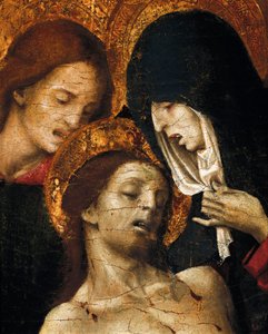 Nedstigning från korset (Deposizione), detalj av Johannes, Jungfru Maria och Kristus, tidigt 1500-tal (tempera på panel) av Pietro Cavaro