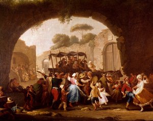 Dansscen och populär fest i Neapel Detail. Tarantelladansare (tarantella, tarantella). Målning av Pietro Fabris (aktiv mellan 1763 och 1776) Neapel från 1700-talet, Museo Nazionale di San Martino